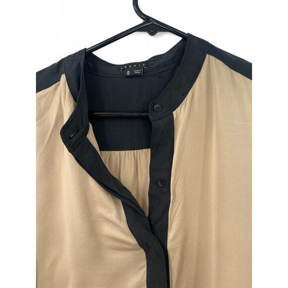 THEORY | M | Top Blouse Shirt Pure 100% Silk Tan Black Button Up Down Women - Picture 4 of 6